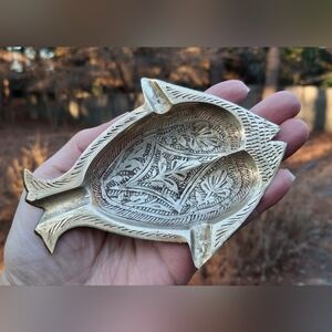 Vintage Solid Brass Fish Shaped Hand Etched Floral Ashtray Trinket Dish